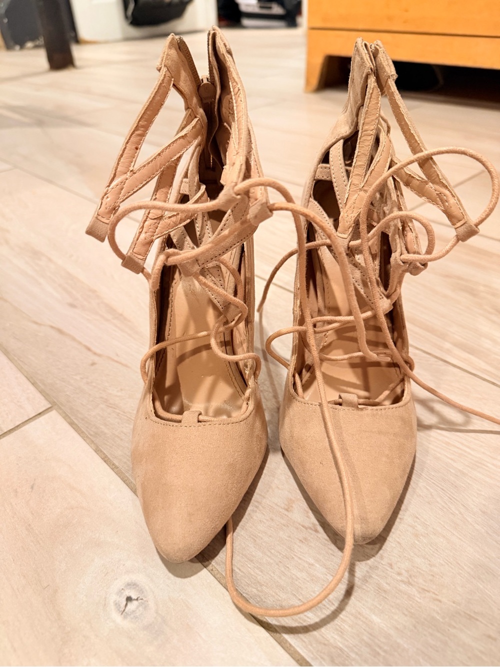Charlotte Russe Lace-Up Pointed Heels in Beige